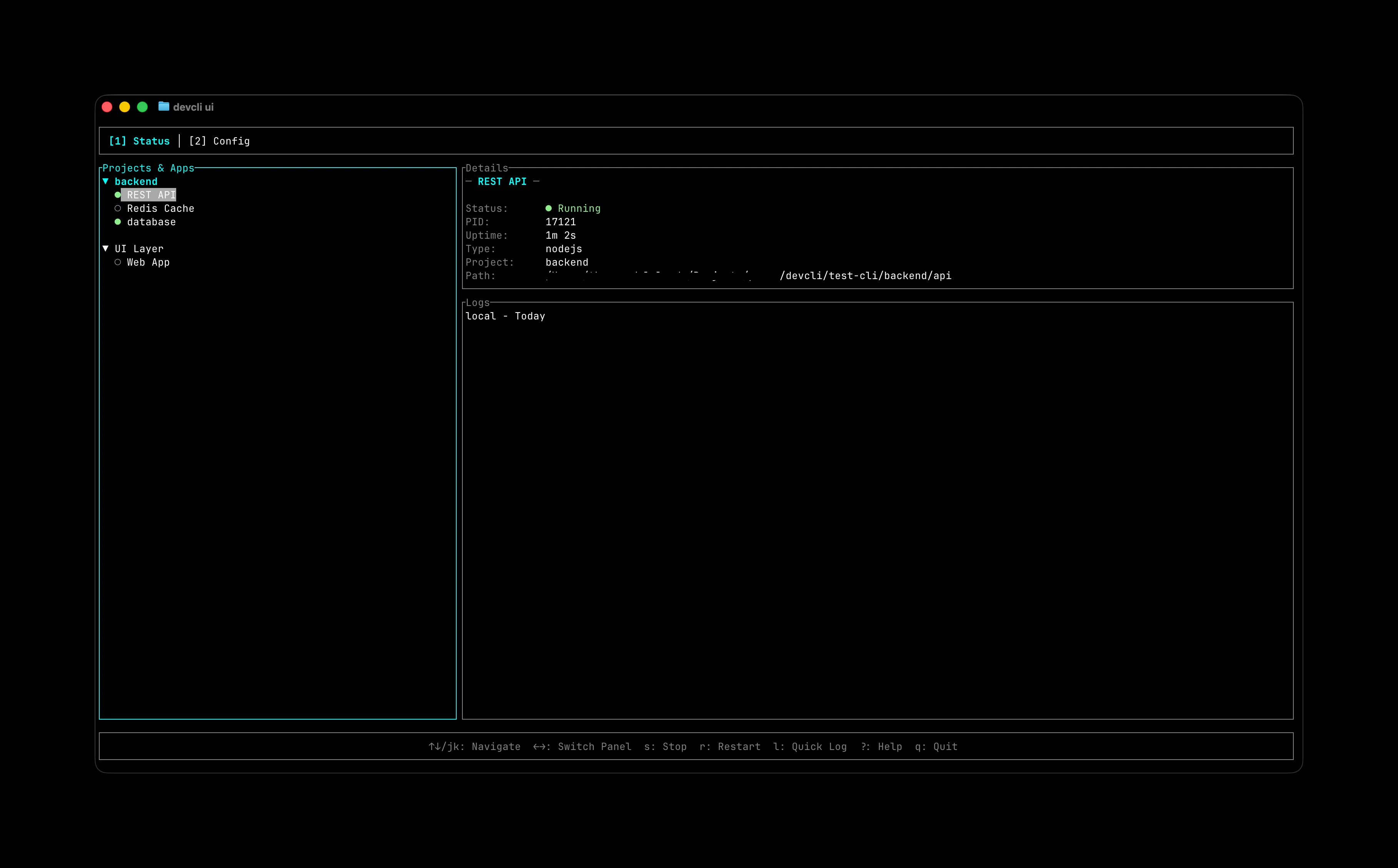 DevCLI TUI Dashboard showing process list and status