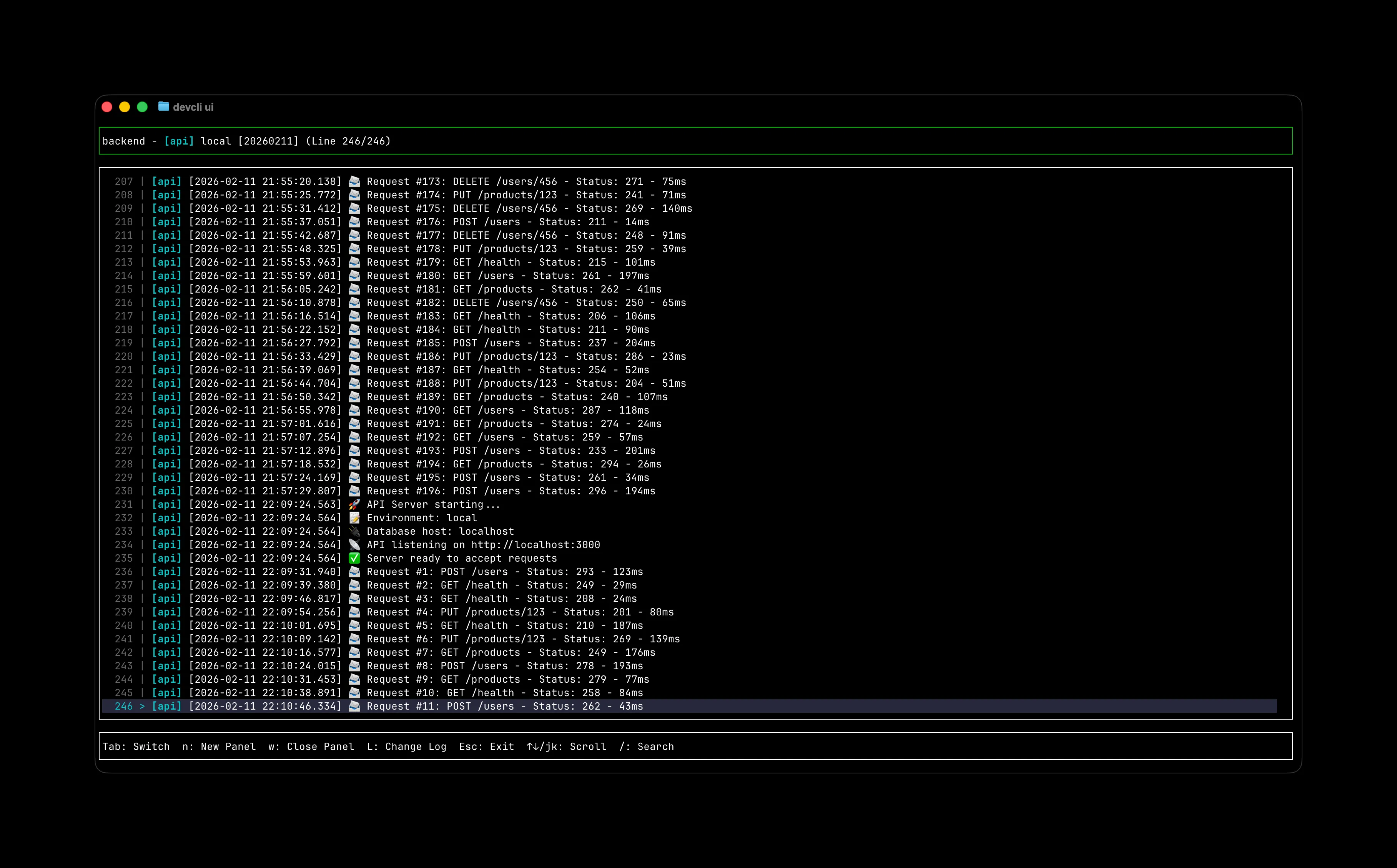 DevCLI TUI log viewer with multi-app streaming
